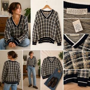 Vintage Crossings Fine Line Plaid Cotton V-Neck Sweater Medium Preppy Knit ✨